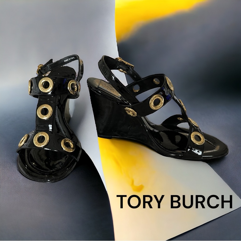 TORY BURCH NEW NIB PATENT LEATHER WEDGE SUMMER SHOES 6.5 - Picture 10 of 10